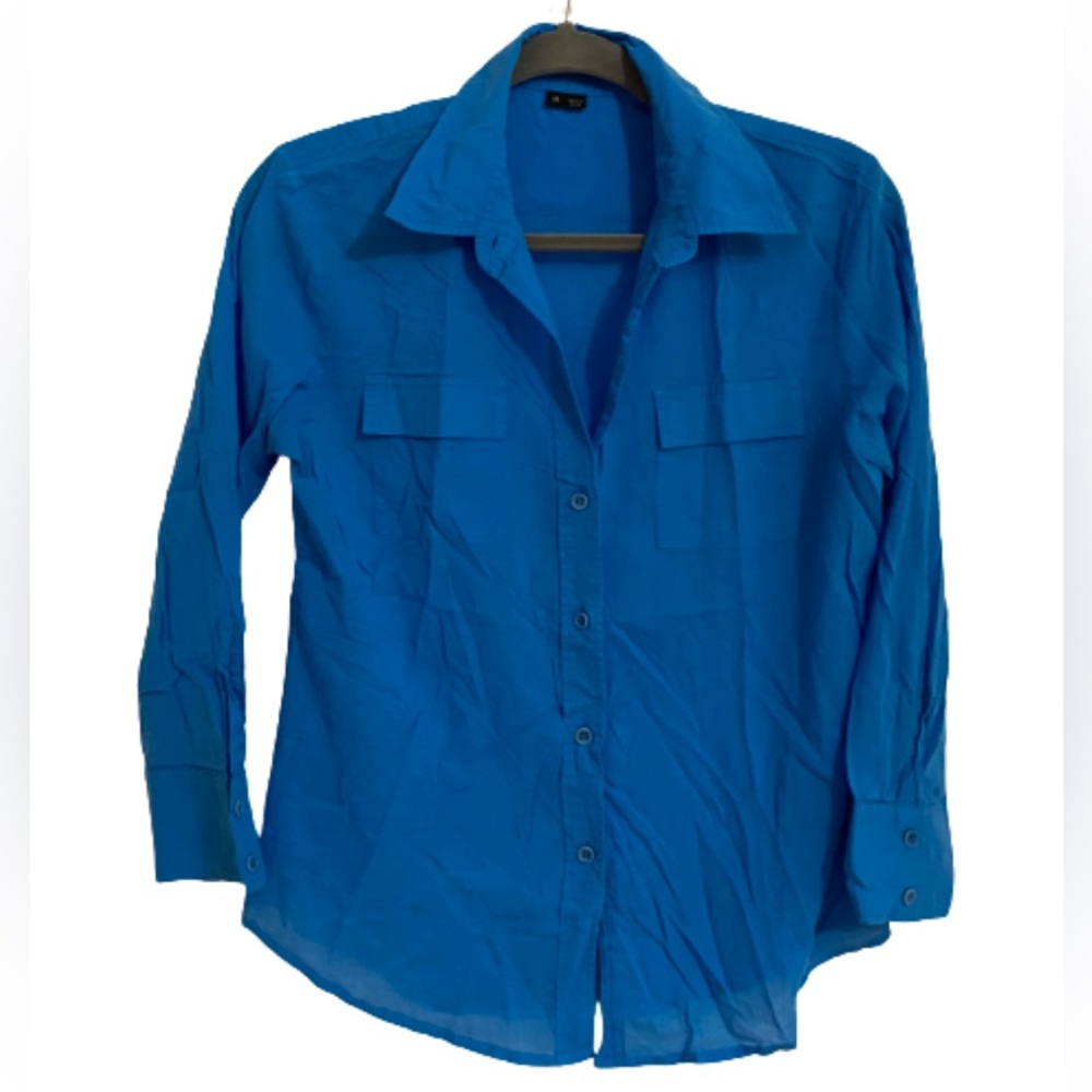 Theory | Beautiful 100% Cotton Bright Blue Long Sleeves Button Down Blouse